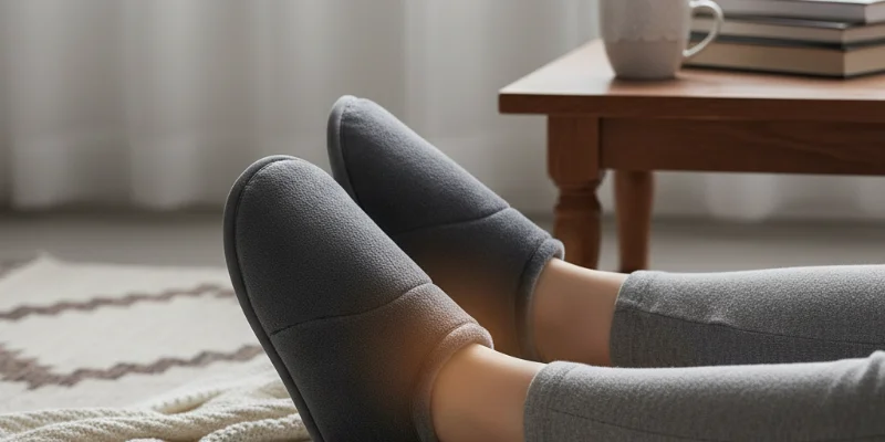 暖かく快適そうに電気スリッパを履いてリラックスしている足元の画像。