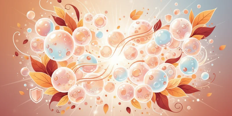 肌の細胞が元気で、潤いに満ちている様子をイラストで表現。健康的で美しい肌を強調している。
