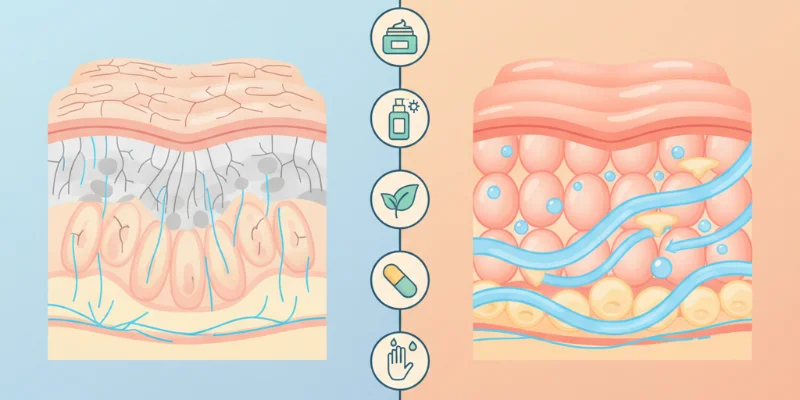 乾燥した肌と潤った肌を比較したイラスト。ビフォーアフターを分かりやすく表現。