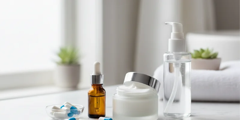 保湿クリーム、オイル、サプリメントが一緒に写っている写真。清潔感のある、明るいトーンの画像。