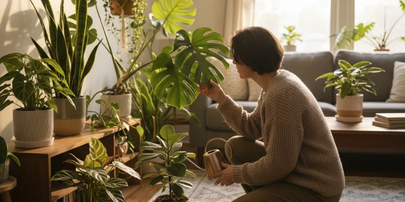 著者が観葉植物の手入れをしている様子の写真。植物の状態をチェックしたり、水やりをしたりしている様子を写す。