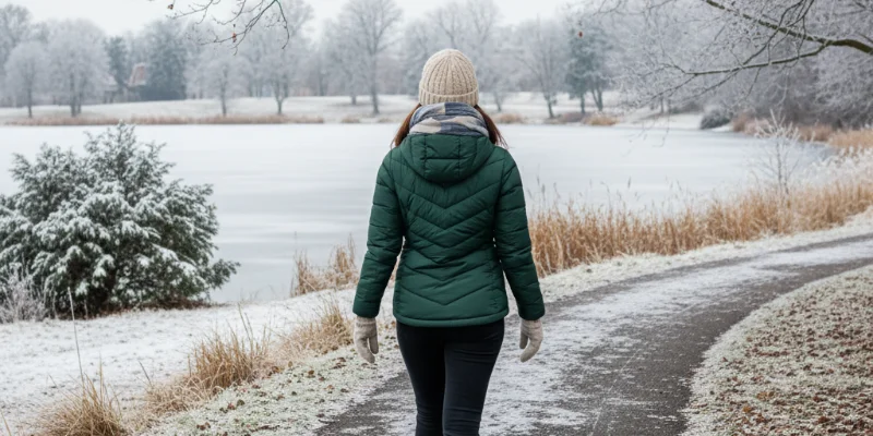 冬の公園でウォーキングを楽しむ女性の後ろ姿。防寒着を着て、気持ち良さそうに歩いている様子。
