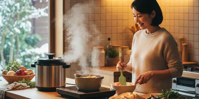 暖かく照らされたキッチンで、快適に料理をしている様子。調理中の料理や、使用中のアイテムの一部が写っている。