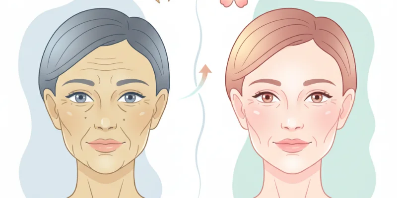 40代向け、予算に優しいスキンケアアイテムのイラスト。オールインワンジェルやシートマスクなど、手軽に使えるアイテムが描かれています。