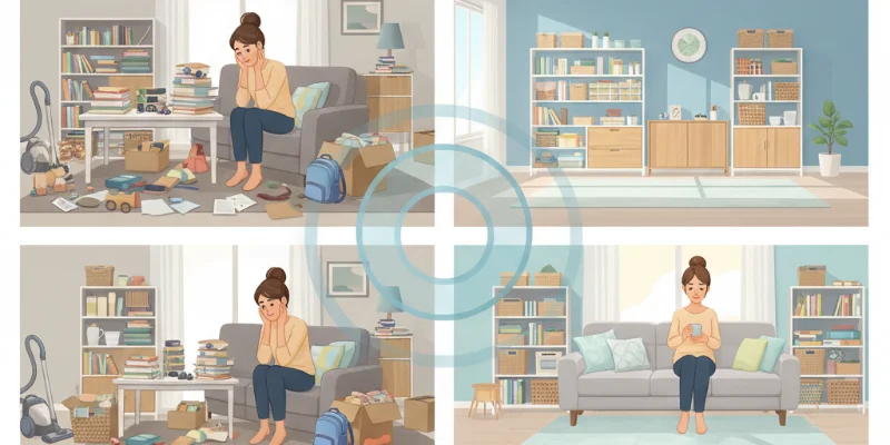 片付いていない部屋と、整理整頓された部屋の対比イラスト。スッキリとした空間の快適さを視覚的に示す。