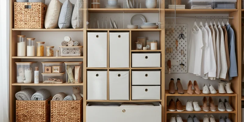 実際に使用している収納用品が整然と配置された様子を写した写真。収納方法の具体例を示す。