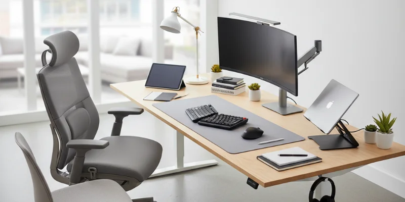 快適なワークスペースを演出する、おしゃれなデスクと椅子、そしてデスクライト。在宅ワークや趣味の作業に最適なオフィス用品の例。