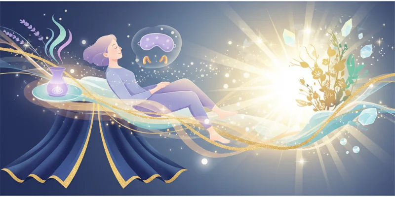 穏やかな表情でリラックスしている人物、またはキラキラと輝く光や自然を表すイラスト。ポジティブな印象を与える。