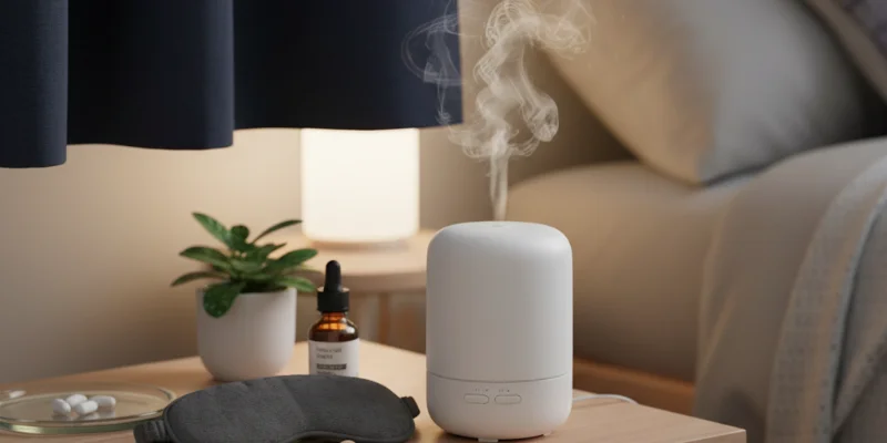 アロマディフューザー、アイマスク、耳栓、遮光カーテンなどが写っている写真。清潔感があり、リラックスできる雰囲気を演出する。