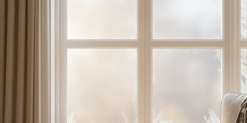 窓に断熱シートを貼った後の様子。窓枠に沿って丁寧に貼られたシートと、室内の暖かさを感じさせる雰囲気を写した写真。