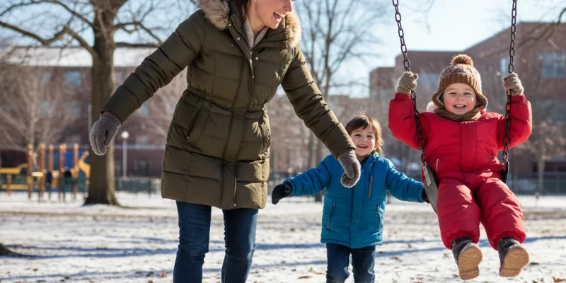 モデルがキルティングコートを着て、子どもと公園で遊んでいる様子。笑顔で楽しげな雰囲気。