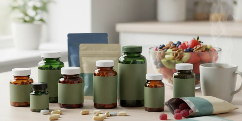 忙しいママがサプリメントを選ぶ様子。様々な種類のサプリメントが写っている写真。