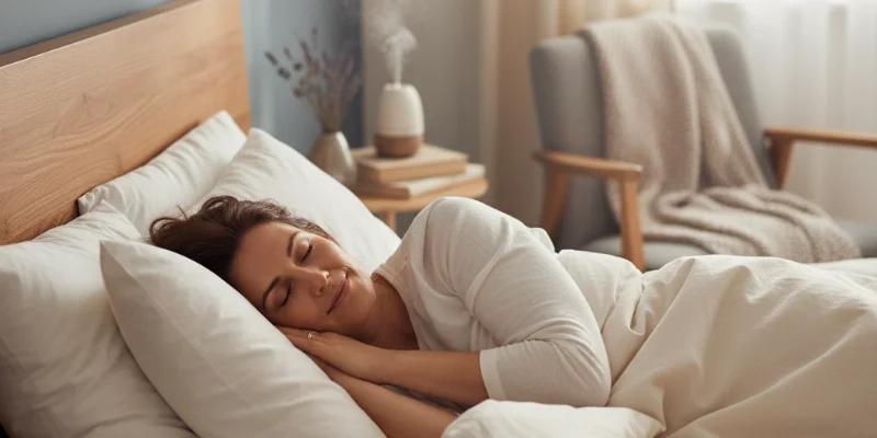 穏やかな表情で眠っている女性の写真。リラックスした寝室の雰囲気を背景に含める。