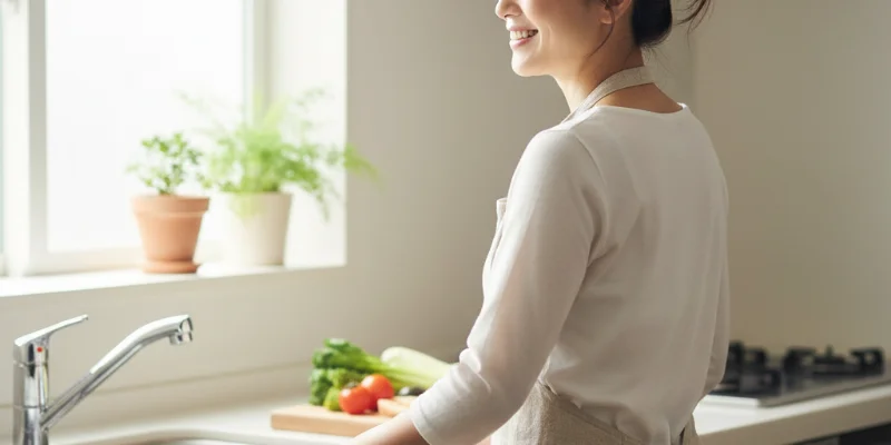 すっきりとした姿勢で家事をこなしている主婦の後ろ姿。笑顔が印象的。