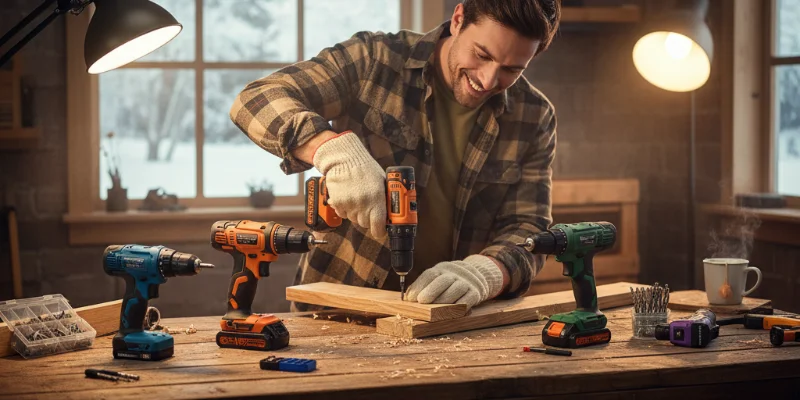 様々な電動ドライバーと、DIY作業中の様子を写した写真。