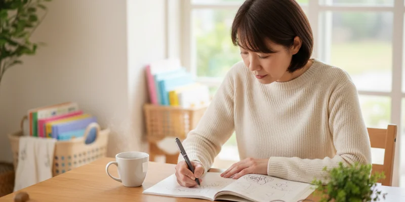 女性がワークブックに書き込んでいる様子。温かみのある、家庭的な雰囲気の写真。