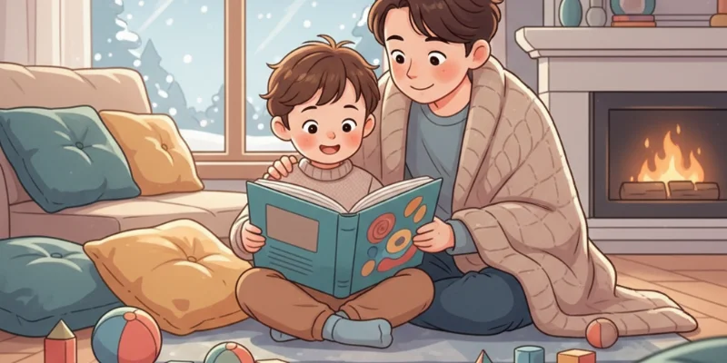 冬、集中して遊ぶ3歳児のイラスト。手作りおもちゃや布製品制作に役立つアイテムのイメージです。