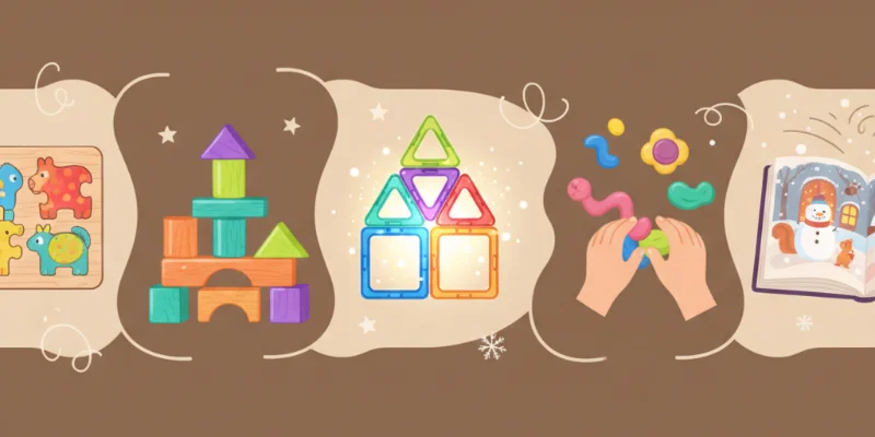 集中して遊ぶ3歳児のイラスト。冬らしい遊びの様子が描かれており、絵本選びの重要性を示唆しています。年齢や興味に合った絵本を選ぶことで、より効果的な読み聞かせにつながります。