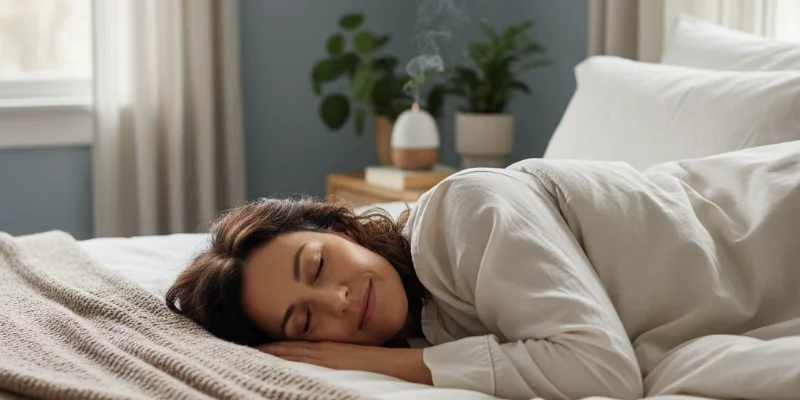 穏やかな表情で眠っている女性の写真。寝室の落ち着いた雰囲気も写っている。