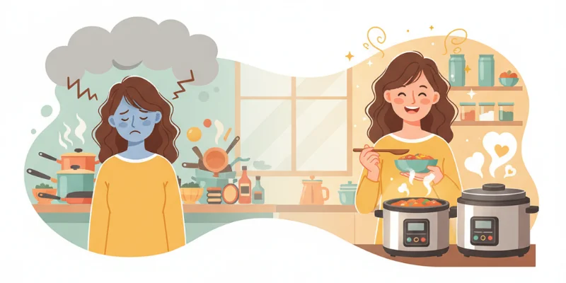 憂鬱な表情から笑顔に変わる女性のイラスト。肩の力が抜けている様子。