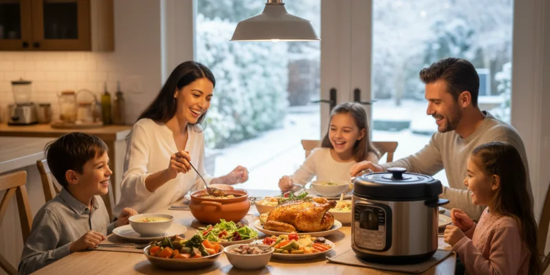 食卓に並んだ温かく彩り豊かな料理の写真。家族が笑顔で食事をしている様子。