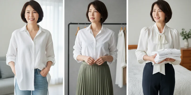 レビュアーが3種類の白シャツを着て、それぞれ異なる表情や着こなしで写っている写真。