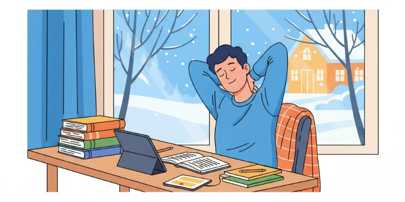 机で勉強している学生が、休憩中に軽いストレッチをしているイラスト。肩や首を伸ばしている様子が描かれている。