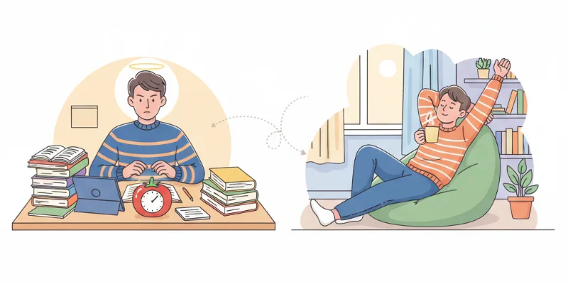 タイマーを見ながら勉強する学生のイラスト。集中している表情と、休憩中にリラックスしている様子が描かれている。