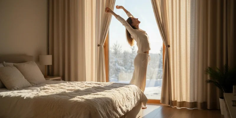 カーテンを開け、朝日を浴びて伸びをする女性。爽やかな雰囲気を演出。
