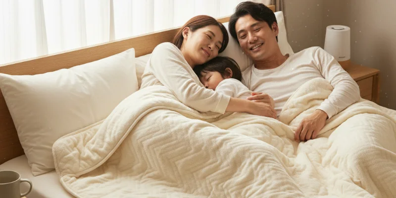 暖かく幸せそうな家族が布団の中でリラックスしている様子。笑顔がポイント。
