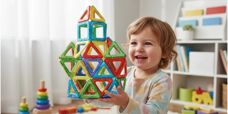 笑顔で立体的な作品を手に持つ子どもの写真