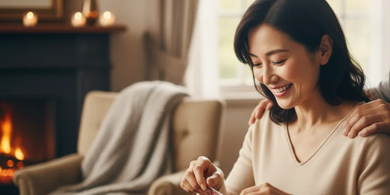 笑顔でプレゼントを開ける人物の写真。幸せそうな雰囲気を演出。