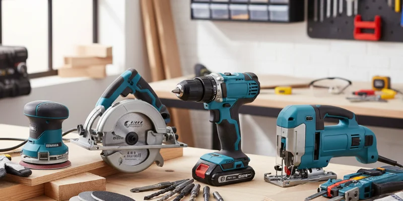 様々な種類の電動工具が、それぞれの機能が分かりやすく配置された写真。