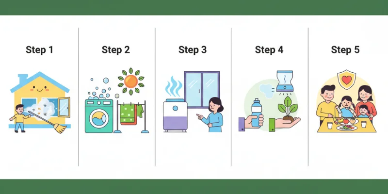 5つのステップをイラストで表現。各ステップに合わせた絵柄で、分かりやすく簡潔にまとめる。