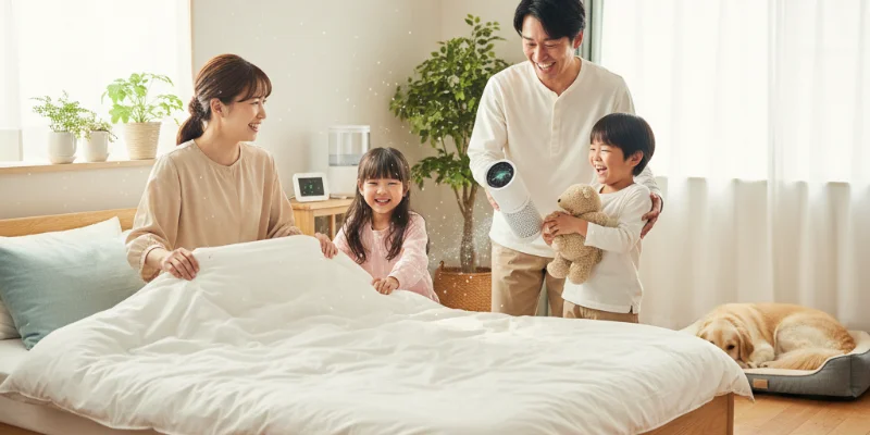 家族が笑顔でアレルギー対策に取り組んでいる様子を写した写真。自然で温かい雰囲気の写真にする。