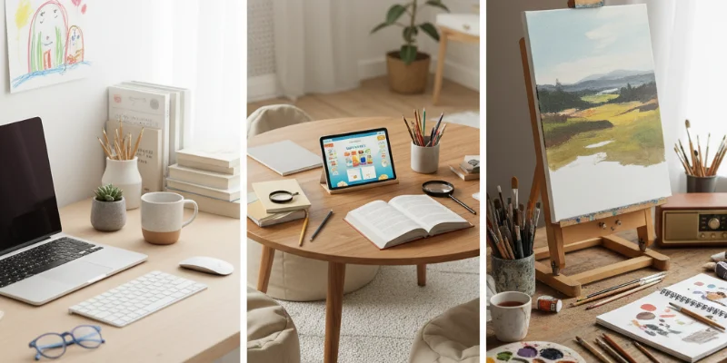 在宅ワーク、リビング学習、趣味の作業など、異なる3つのライフスタイルに合わせたデスク環境の写真を並べたコラージュ。それぞれの環境の特徴を視覚的に示す。