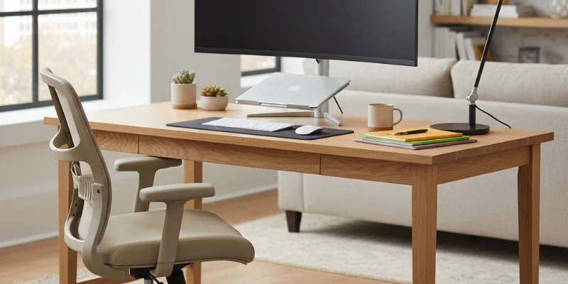 レビュアーが実際に使用しているデスク環境の写真。デスク、椅子、照明など、具体的なアイテムが見えるように撮影。