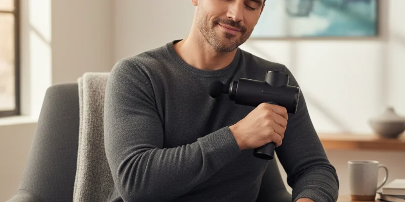 男性がリラックスした様子でハンディガンを肩に使用している写真。穏やかな表情で、心地よさを伝えている。