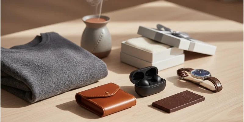 様々なギフト候補が美しくレイアウトされた写真。高級感のあるレザーキーケース、スタイリッシュなワイヤレスイヤホン、癒やしのルームウェアなどが写っている。