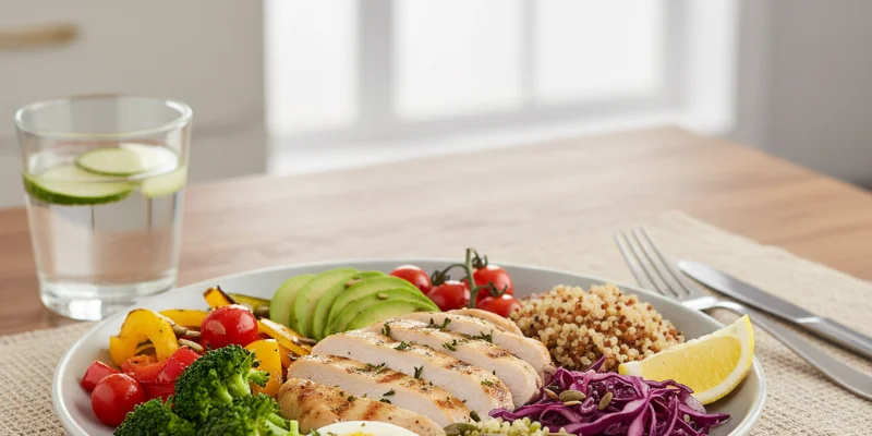 彩り豊かで健康的な食事の写真。鶏胸肉や野菜、卵などがバランス良く盛られている様子。