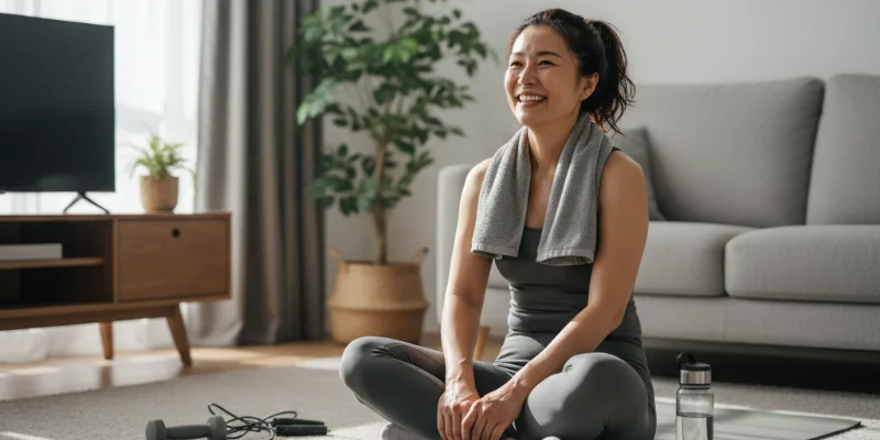 汗ばんだ顔で笑顔の女性が、自宅のリビングで休憩している様子。達成感を感じている様子が伝わるように。