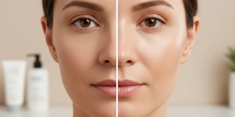 使用前と使用後の肌の比較写真。使用後は肌のつやとハリが向上している様子がわかる。