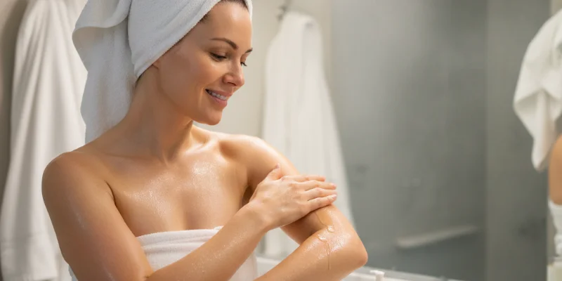 お風呂上がり、全身にオイルを塗布し、しっとりとした肌になっている様子。