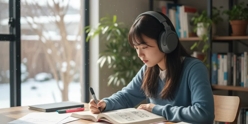 静かな空間で集中して勉強する受験生。ヘッドホンをつけている様子。