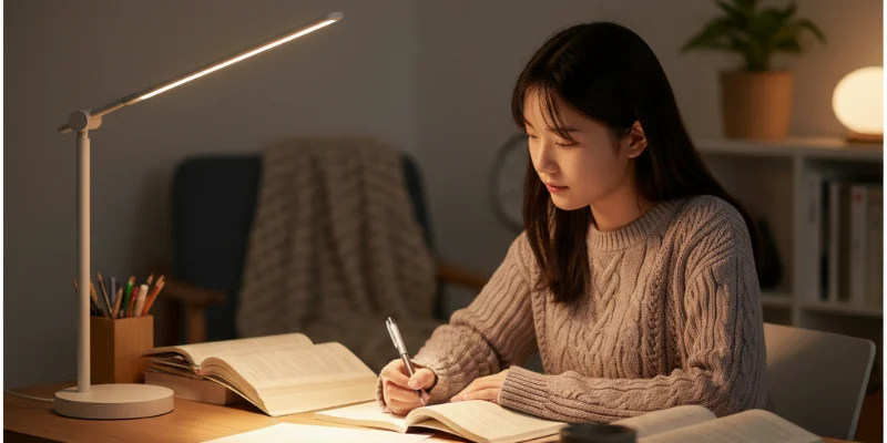 受験生が快適に勉強に取り組んでいる様子。デスクライトの柔らかな光が部屋を照らしている。
