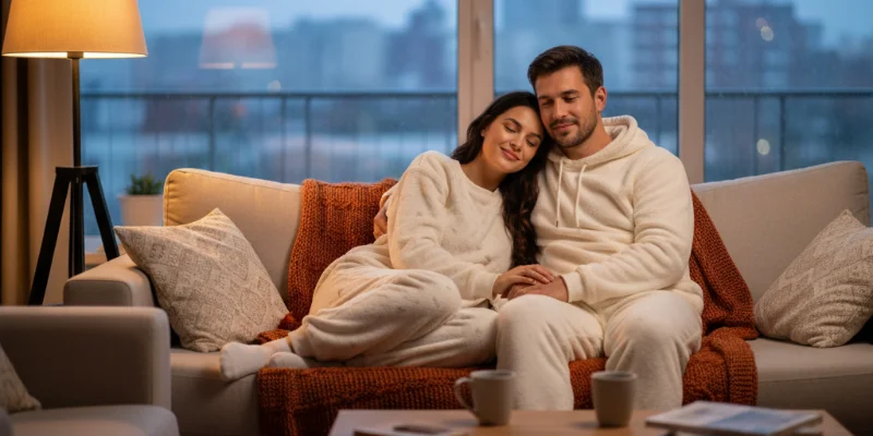 カップルがお揃いのルームウェアを着て、ソファでリラックスしている様子。暖色系の照明で、温かく穏やかな雰囲気。