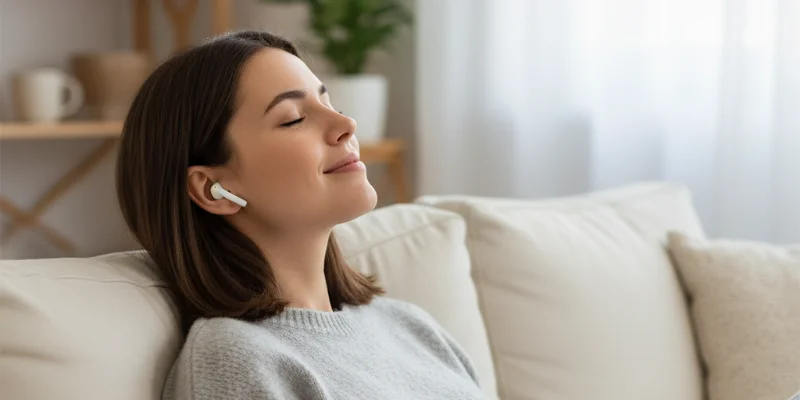女性が快適そうにワイヤレスイヤホンを装着し、リラックスした表情で音楽を聴いている様子。背景は落ち着いた色調で、生活感を感じさせるシーン。