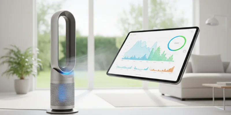 空気清浄機が稼働している様子と、同時にアプリの画面が表示され、空気の質がグラフで可視化されている様子がわかる写真。