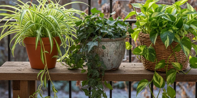 オリヅルラン、アイビー、ポトスの鉢植えがそれぞれ写っている写真。それぞれの植物の特徴が分かりやすく写っている。