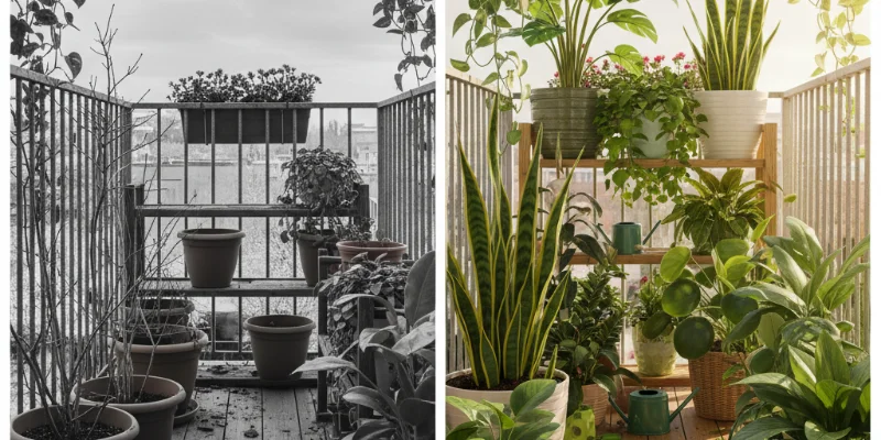 緑化前の寂しいベランダと、緑化後の美しいベランダの比較写真。